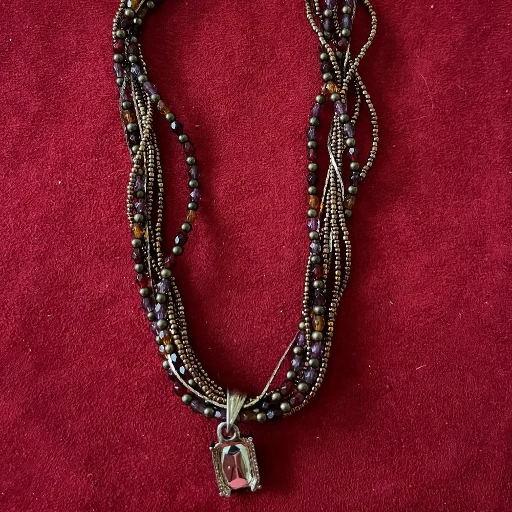 Beaded Necklace w/Dark Burgundy Crystal Pendant Adjustable - Picture 8 of 8